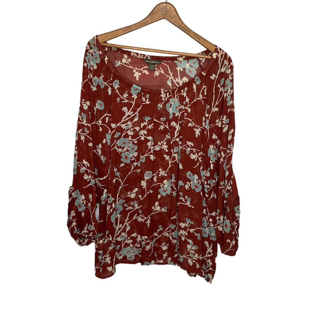 Tommy Bahama XL Rust Orange Blue‎ Floral 100% Cupro Semi Sheer Tunic Top Blouse